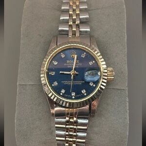 Rolex Women's Gold and Silver Watch with Blue Dial
